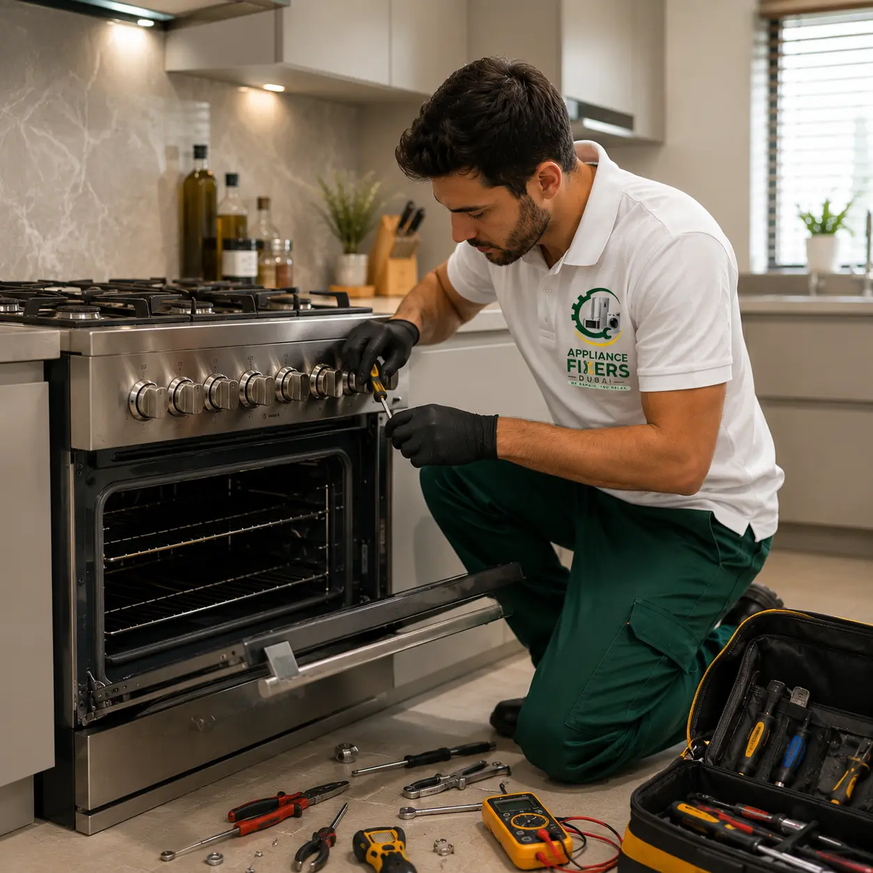 Cooking range repair in Dubai by an Appliance Fixers Dubai technician at a customer's home