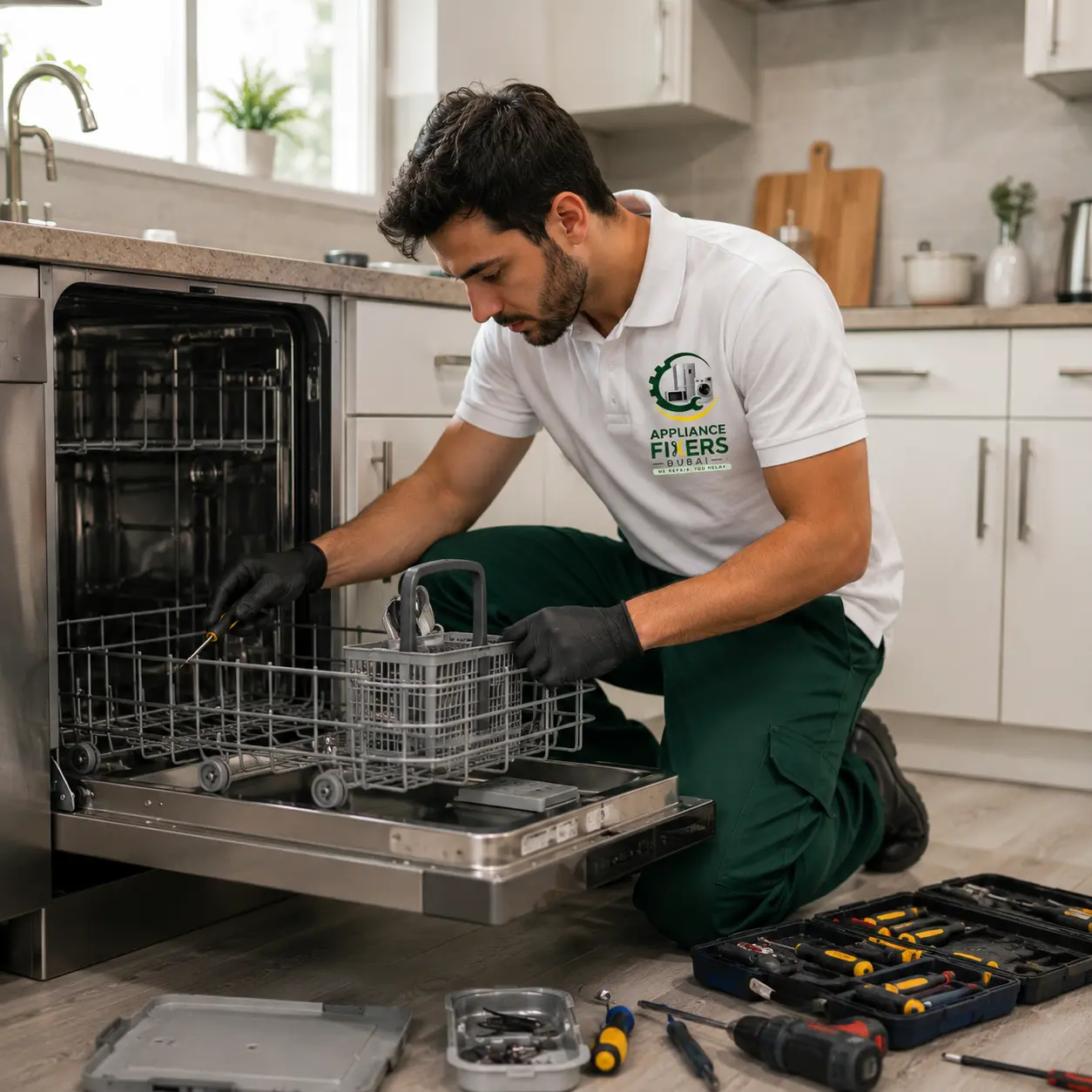 Appliance Fixers Dubai technician repairing a dishwasher during a doorstep service visit