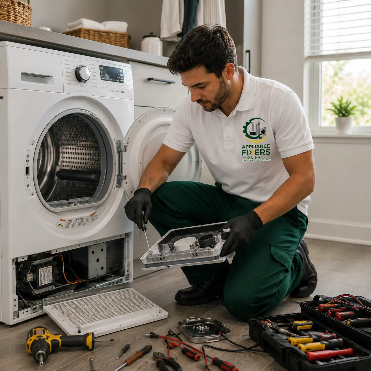 Dryer repair in Dubai by an Appliance Fixers Dubai technician at a customer's home