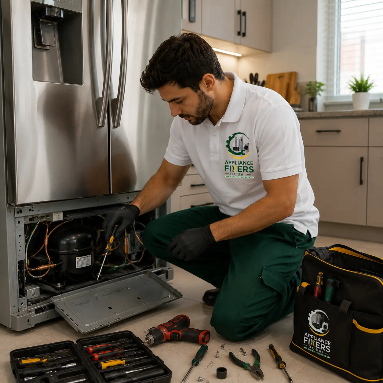 Refrigerator repair in Dubai by an Appliance Fixers Dubai technician at a customer's home