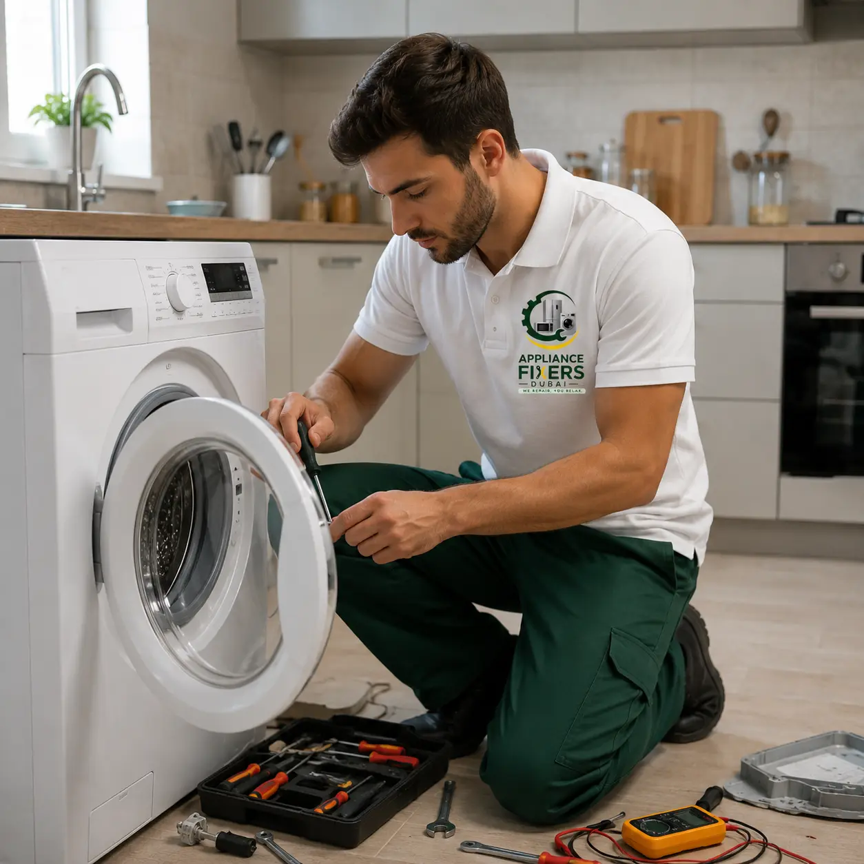 Washing machine repair in Dubai by an Appliance Fixers Dubai technician at a customer's home